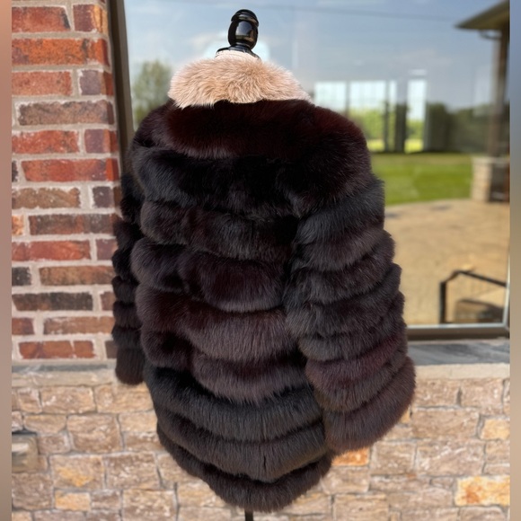 L/XL Black Fox Fur Jacket Puffer Style w/ Amber Fox Trim Real Genuine Fur - Picture 4 of 11